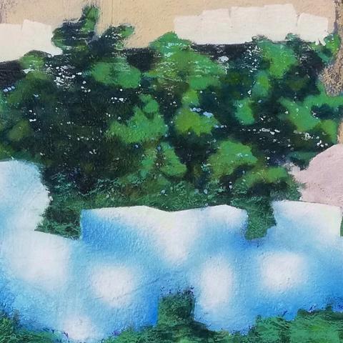 Painting by Aurel Porté depicting a roadside embankment.  The site is scattered with large blocks that evoke strange minimalist sculptures or a modern ruin. These blocks are in fact intended to prevent the settlement of the poorest populations. They are quite common in the Paris region. Here, they are rendered in a vivid blue to emphasize the surreal quality of the scene.