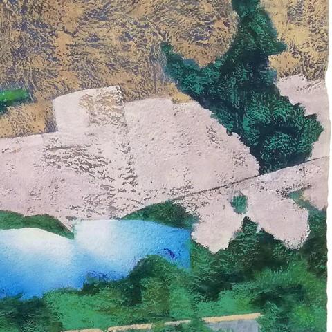 Painting by Aurel Porté depicting a roadside embankment.  The site is scattered with large blocks that evoke strange minimalist sculptures or a modern ruin. These blocks are in fact intended to prevent the settlement of the poorest populations. They are quite common in the Paris region. Here, they are rendered in a vivid blue to emphasize the surreal quality of the scene.