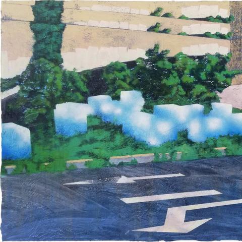 Painting by Aurel Porté depicting a roadside embankment.  The site is scattered with large blocks that evoke strange minimalist sculptures or a modern ruin. These blocks are in fact intended to prevent the settlement of the poorest populations. They are quite common in the Paris region. Here, they are rendered in a vivid blue to emphasize the surreal quality of the scene.