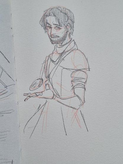 A pencil sketch of Gustave from Expedition 33, he is holding a rock in his left hand while smiling and looking at us.