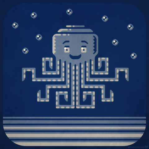 A cute, smiling blue octopus in a graphic illustration style, surrounded by air bubbles.