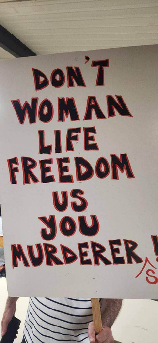 A demonstrator displays a sign reading "Don't 'woman life freedom' us you murderer"