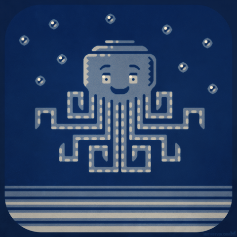 A cute, smiling blue octopus in a graphic illustration style, surrounded by air bubbles.