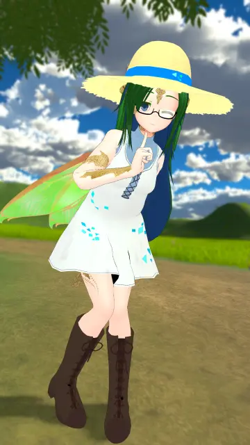 VR photo of my VRChat main character, Sola, in her Fairy Dragon form (anime girl with green-blue hair, glasses, draconic scales, fairy wings). She's wearing a mostly white sun dress and a straw hat.