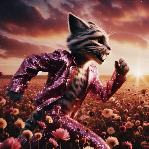 KI-Bild (DALL•E3):

Katz in ihrem Traum wie im Tröt beschrieben. Sie trägt einen pinken Gitzeranzug und rennt duch ein endloses Blumenmeer. Alles ist in rötlich-oranges Licht eines Sonnenuntergangs getaucht.