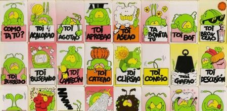 Imagen de los stickers toi con sus caras verdes, donde pone varias cosas entre ellas:
Como ta tu? Toi acalorao, toi agotao, toi aprobao...