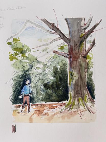 A mixed media illustration depicting a person standing beneath a large tree in a forested area. The figure wears a blue sweater and brown pants, with trees and blue sky visible in the background. The scene has a natural, serene quality.