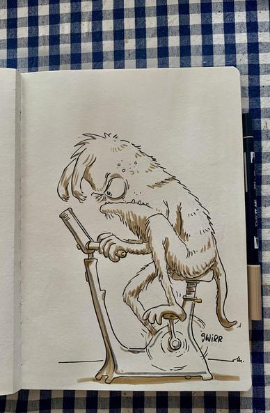 A quirky, cartoonish monster is depicted exercising on a stationary bike, showing a humorous expression of effort. The drawing is done in brown ink with a minimal color palette, set against a blue checkered background.
