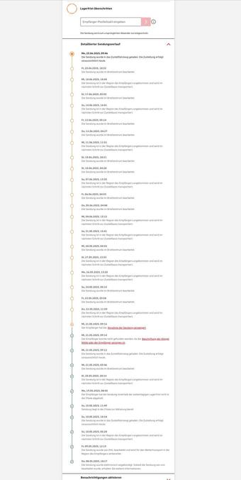 A tracking history of a parcel that was supposed to be delivered by DHL but was apparently lost. A large part of the tracking consists of the message that the parcel has arrived in the recipient's region and is now being processed for delivery - over and over again, for at least four weeks now