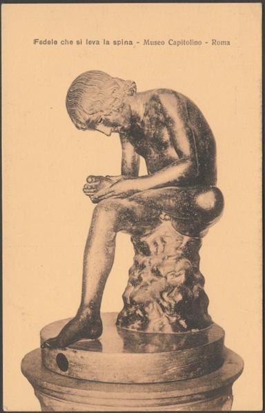 Printed sepia postcard showing a view of the statue of the Boy with Thorn at the Museo Capitolino in Rome, Italy.

Published by Virgilio Alterocca, Terni, No 2307, c.1920s.

Postally unused.

Very good condition, with very slight corner bumps, otherwise excellent.