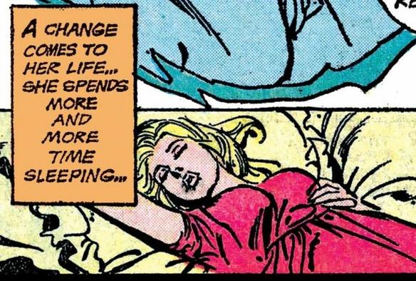 A blonde haired woman in a red nightgown seems to be sleeping contently. Narration: “A change comes to her life…she spends more and more time sleeping….“