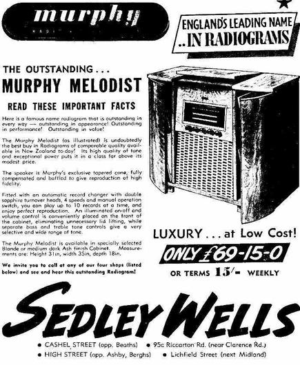 A scan of a 1957 advertisement for a NZ-made valve-radio ("radiogram"). The Murphy G202 was manufactured for Fisher & Paykel Ltd by Allied Industries Ltd (Fisher & Paykel) in 1957. 

The ad starts with these details:

Here is a famous name radiogram that is outstanding in every way — outstanding in appearence! Outstanding in performance!
Outstanding in value!

The Murphy Melodist (as illustrated) is undoubtedly the best buy in Radiograms of comparable quality available in New Zeoland to-doy! Its high quality of tone ond exceptional power puts it in a class far above its modest price.

The scan is from https://www.vintageradio.co.nz/model/murphy/g202