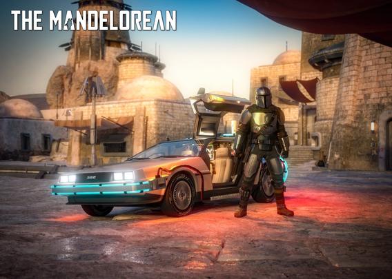 description by LocalLLM: The image is a mash-up scene combining elements from The Mandalorian and Back to the Future. In the foreground stands the Mandalorian in full armor, his iconic helmet and suit reflecting ambient light. He poses confidently beside a futuristic DeLorean time machine, complete with gull-wing doors open and glowing neon blue and red accents under the chassis. The car’s interior features a detailed dashboard with sci-fi instrumentation.

The background shows a desert-like settlement with rounded, sand-colored buildings in a style reminiscent of Tatooine from Star Wars. The warm lighting of early evening or dawn bathes the scene in a golden glow. Above, bold white text reads "THE MANDELOREAN" in a parody of the original show title, suggesting a humorous crossover. The whole image exudes a cinematic, surreal quality.