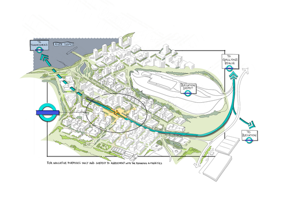 The image is a stylised illustrated map showing a suburban area with an emphasis on transport links. It combines dense residential zones with green spaces. In the top left corner, the "River Thames" is marked. Streets and housing are depicted in white with green outlines to reflect greenery. A blue line indicates the transport route, curving through the area with arrows pointing to "Thamesmead," "Gallions Reach," and "Beckton." Circular station symbols appear along the line. Key labels include "Beckton Depot" next to a large outlined building, with directional arrows showing onward connections.

TfL Image