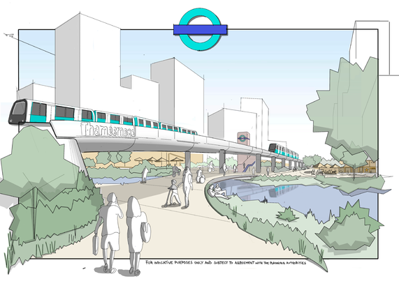 This conceptual illustration presents a modern transport scene. A sleek, elevated train travels left to right on a viaduct marked "Thamesmead." Beneath it, a footpath features sketched figures walking and riding scooters. The foreground includes greenery and a body of water, creating a calm setting. In the background, simplified tall buildings form a light-toned cityscape. A blue circular symbol with a horizontal bar, likely a transport logo, appears above. The overall style is artistic and minimal, using muted colours and clean lines.

TfL Image