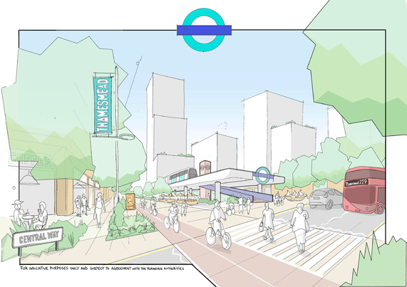 This architectural illustration shows a lively urban setting with wide streets used by cyclists and pedestrians, surrounded by contemporary buildings. A street sign in the foreground reads "Central Way" beside planting and people sitting at an outdoor café. On the left, a vertical sign reads "THAMESMEAD." In the background, tall minimalist buildings are visible, some with rooftop greenery. A red double-decker bus, labelled "Thamesmead 229," travels down the road. Green leafy borders frame the image, and a large round transport emblem sits above the scene.

TfL Image