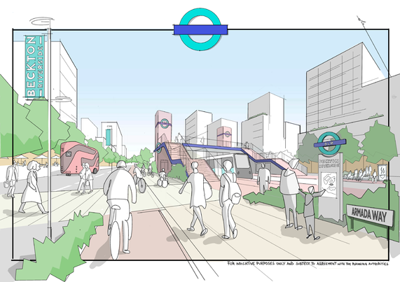This digitally illustrated scene depicts Beckton Riverside as a modern, well-connected urban area. A central street runs through, with people walking, cycling, and a red bus labelled "262." A cyclist uses a dedicated bike lane in the foreground. Both sides of the street are lined with green trees and sleek high-rise buildings. An elevated pedestrian bridge spans the road, linking footpaths on each side. On the right, a DLR sign and the Beckton Riverside label are shown, along with a sign to "Armada Way." The soft colour palette—greens, blues, and reds—gives the scene a clean, future-focused feel.

TfL Image