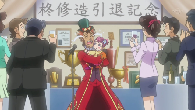 shuzo (in his entertainment outfit) holding baby yuzu and sobbing