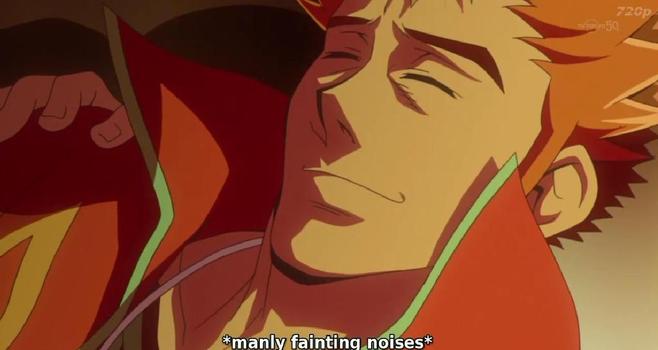 shuzo laying on the ground. the bottom text reads *manly fainting noises*
