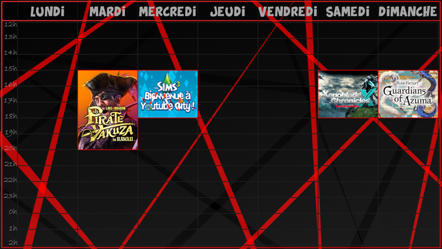 -Mardi, de 15h jusqu'à 20h, on relance pour la dernière fois Like a Dragon Pirate Yakuza in Hawaii, le platine du jeu et la fin du let's play !
-Mercredi, de 15h jusqu'à 18h, on reprend les Sims 3, y a encore plein de travaux pour le futur let's play Bienvenue à Youtube City ! !
-Samedi, de 15h jusqu'à 18h, on vide toujours plus la liste de quêtes de Xenoblade Chronicles X Definitive Edition !
-Et Dimanche, de 15h jusqu'à 18h, on sauve un nouveau village et découvre de nouvelles waifus sur Rune Factory Guardians of Azuma !