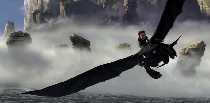 Hiccup rides a dragon in How to Train Your Dragon