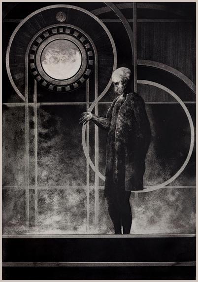 A bald figure stands upright in the center-right of the composition, facing left in a three-quarter profile. The figure wears a long, buttoned coat and holds one arm forward at chest height, the hand slightly opened. The background consists of a geometric architectural structure composed of intersecting circular and linear elements. A large circular window or porthole is situated in the upper-left quadrant, showing a moon-like disc within a segmented frame. The floor and background display a cloudy, smoky texture in grayscale tones. The entire image is rendered in black and white, with a high contrast between the dark figure and the lighter background.