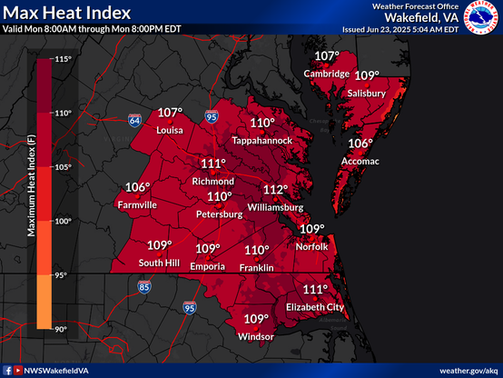 Today. Sunny, with a high near 95. Heat index values as high as 105. Southwest wind around 8 mph becoming northeast in the afternoon.

Tonight. Mostly clear, with a low around 79. Light and variable wind.

Tuesday. Sunny, with a high near 96. Heat index values as high as 106. Calm wind becoming northeast around 6 mph in the afternoon.

Tuesday Night. A slight chance of showers and thunderstorms before 2am. Mostly clear, with a low around 79. Southeast wind around 5 mph becoming calm in the evening. Chance of precipitation is 20%.