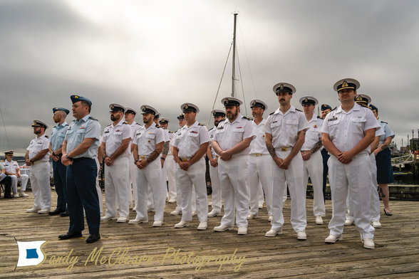 Naval and Air Force personnel standing at ease on a jetty.