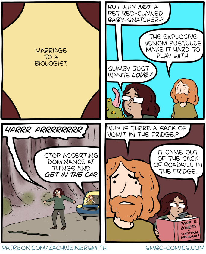 Cartoon of weird misconceptions about what it's like to marry a biologist.