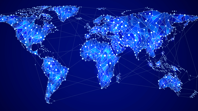 Eine Karte der Welt, auf der viele Knotenpunkte miteinander vernetzt sind.