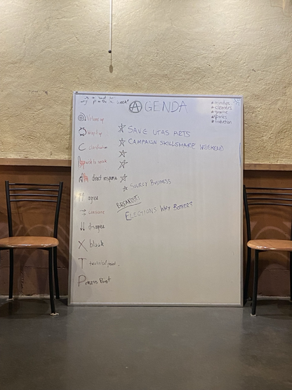 a whiteboard inside SOURCE, used by GRANT to outline the consensus decision-making hand signals, meeting agenda, and roles. on the agenda for the night reads: “save UTAS arts, campaign skill share weekend, SOURCEy business, and elections: why bother?”