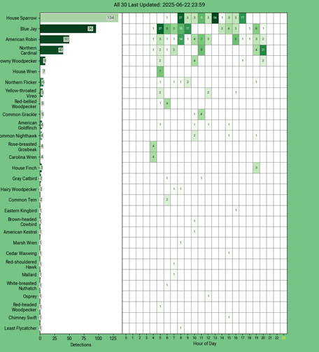 Chart generated by BirdNET-Pi with rows of all detected birds for Sunday, June 22, 2025 in decending order.  The first large column displays a bar chart of relative frequency; the 24 reamaining columns create cells with the bird count for each hour of the day shaded by relative count.