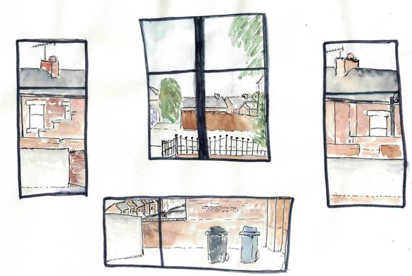 Four illustration style images of terraced housing and backstreet views framed by heavy black uneven ‘window frames’