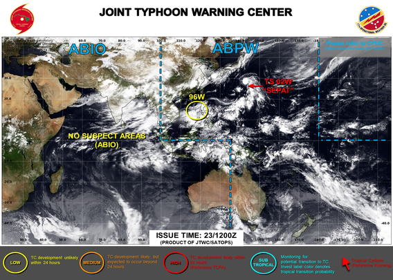 ABPW10 PGTW 231200
MSGID/GENADMIN/JOINT TYPHOON WRNCEN PEARL HARBOR HI//
SUBJ/SIGNIFICANT TROPICAL WEATHER ADVISORY FOR THE WESTERN AND SOUTH 
PACIFIC OCEANS REISSUED/231200Z-240600ZJUN2025//
REF/A/MSG/JOINT TYPHOON WRNCEN PEARL HARBOR HI/230751ZJUN2025//
AMPN/REF A IS A TROPICAL CYCLONE WARNING.//
RMKS/
1. WESTERN NORTH PACIFIC AREA (180 TO MALAY PENINSULA):
   A. TROPICAL CYCLONE SUMMARY:
      (1) AT 23JUN25 0600Z, TROPICAL STORM 02W (SEPAT) WAS LOCATED NEAR 
25.9N 143.9E, APPROXIMATELY 604 NM SOUTH-SOUTHEAST OF YOKOSUKA, JAPAN, 
AND HAD TRACKED NORTH-NORTHWESTWARD AT 15 KNOTS OVER THE PAST SIX HOURS. 
MAXIMUM SUSTAINED SURFACE WINDS WERE ESTIMATED AT 35 KNOTS GUSTING TO 45 
KNOTS. SEE REF A (WTPN31 PGTW 230900) FOR FURTHER DETAILS.
      (2) NO OTHER TROPICAL CYCLONES.
   B. TROPICAL DISTURBANCE SUMMARY:
      (1) AN AREA OF CONVECTION (INVEST 96W) HAS PERSISTED NEAR 14.3N 
118.9E, APPROXIMATELY 122 NM WEST OF MANILA. ANIMATED MULTISPECTRAL 
SATELLITE IMAGERY AND A 231023Z SSMIS F17 91H MICROWAVE IMAGE DEPICT A 
BROAD AREA OF TURNING AND FLARING CONVECTION WITHIN THE SOUTHWESTERN 
PERIPHERY. ENVIRONMENTAL ANALYSIS INDICATES 96W IS IN A FAVORABLE 
ENVIRONMENT FOR DEVELOPMENT WITH LOW (10-15 KNOTS) VWS, MODERATE 
EQUATORWARD OUTFLOW ALOFT, AND WARM (29-30C) SEA SURFACE TEMPERATURES. 
GLOBAL MODELS ARE IN FAIR AGREEMENT THAT 96W WILL TRACK NORTHWESTWARD