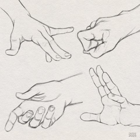 Digital graphite sketches of four different hands.