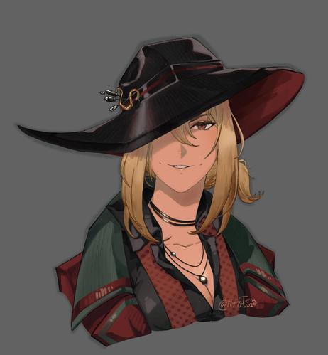 Digital portrait drawing of Tennant, a character from the game Reverse:1999. 
Her fancy dark (outside) + red (inside) hat covers one eye. It has also a snake brooch on the hat band. 
She has blond hair that is loosely bound to the side and some really sexy dimples. She also wears a black shirt with opened buttons, red checkered suspenders and a big dark green & red coat over her shoulders.