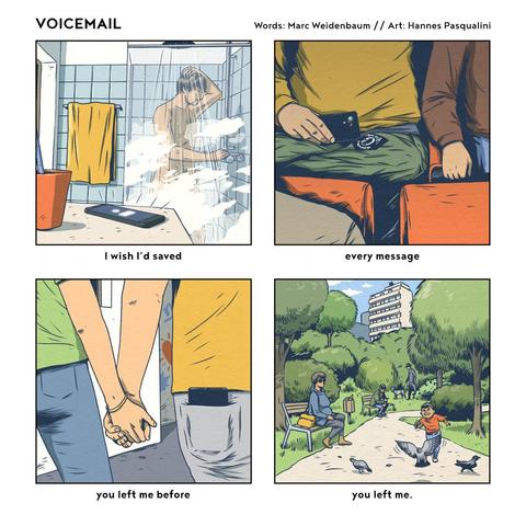 A four-panel comic.
Title: Voicemail

Panel 1: Am man is taking a shower. In the foregound we see a phone, a message just arrived.

Panel 2: a man and a woman are sitting in a movie theater. We don't see their faces. He is holding his phone, a military jacket with a POW - MIA patch is on his lap.

Panel 3: A man and a woman walk holding hands seen from behind. We see the man's phone in his backpocket.

Panel 4: A park, it's a sunny day. A child is running after the pidgeons, the mother (pregnant) sits on a bench. Further behind a man with a green military jacket is hunched down reading something on his phone. In the background we see a man walking his dog.