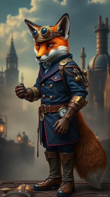Jonas Flinkmann in Ganzkörperansicht: Ein anthropomorpher, rötlich-brauner Fuchs mit weißer Brust und buschigem Schwanz steht vor einer nebligen, industriellen Stadtlandschaft. Er trägt eine dunkelblaue Matrosjacke mit roten Ziernähten und goldenen Knöpfen, einen Leder-Seglerhut mit aufgesetzten Messing-Goggles und robuste Stiefel. Am Gürtel hängt ein Kompass, an seinem linken Arm ragt eine mechanische, mit Zahnrädern und Kupferrohren durchzogene Steampunk-Prothese. Der Blick ist entschlossen, die Pose selbstbewusst.