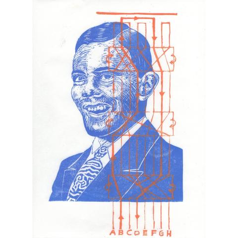 Linocut portrait of Alan Turing, in a suit with tie showing Turing patterns printed in blue with schematic of the Enigma device overprinted in orange