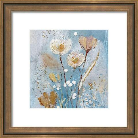 Whispers in Blue / Flower Art by Lisa S Baker. Delicate flowers in soft shades of white and pink are set against a textured blue background, enhanced by splashes of muted gold. Thin stems and small white blooms add to the composition's whimsical and ethereal feel.