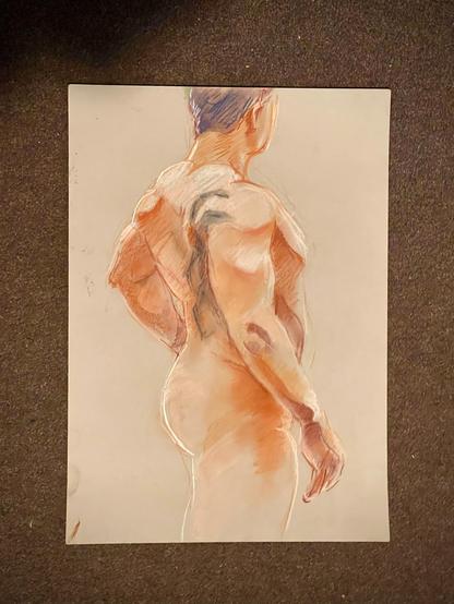 A pastel life drawing of a muscular male model