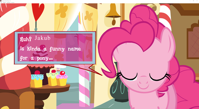 Screenshot of a Flash game. Pinkie Pie from MLP says "Huh? 'Jakub' is kinda a funny name for a pony..."