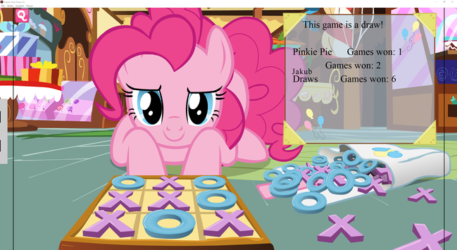 Screenshot of a Flash game. Pinkie Pie lays in front of a Tic Tac Toe board, looking at the player. Like most matches, it ended in a draw.