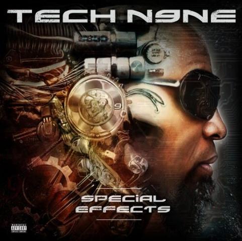 Futuristic album cover for Special Effects by Tech N9ne, featuring a cybernetic profile of the rapper with mechanical enhancements, gears, and metallic textures blending into his head, evoking a sci-fi and high-tech theme.
