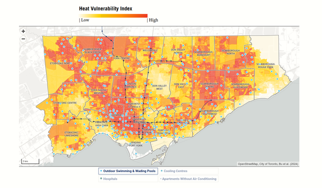 Map of the City of Toronto shaded from light yellow to darker red via an index of heat vulnerability, a combined index that highlights which neighbourhoods are most vulnerable to extreme temperatures. The map is overlaid with the location of outdoor swimming and wading pools.