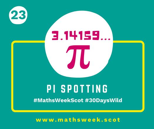 A colourful graphic with a green background and a yellow frame. Overlapping the top of the frame is a white circle with a picture of the symbol Pi and the number 3.14159. Inside the yellow frame are the words "Pi Spotting" and the hashtags #MathsWeekScot and #30DaysWild. Under the frame is the Maths Week website URL.
