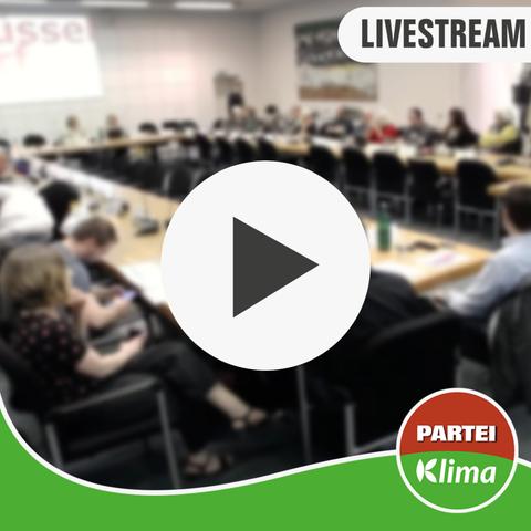 Zu sehen ist eine unscharfe Totale des Sitzungssaals im Düsseldorfer Rathaus. Viele Menschen sitzen an Tischen zusammen, die gemeinsam ein Rechteck bilden. In der Mitte des Bildes ist ein großer Play-Button zu sehen. Am unteren Ende des Bildes fließt unsere grüne Wandelwelle und das Die PARTEI-Klima-Fraktionslogo.