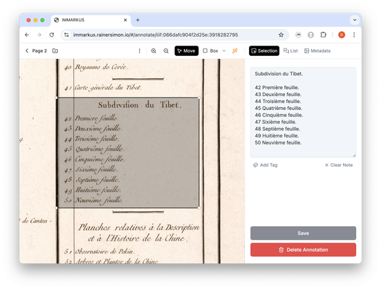 The IMMARKUS annotation interface, showing an area selected on scanned atlas index page, and the corresponding automated transcription.