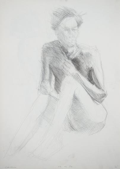 Drawing of a female art model sitting on the floor, naked