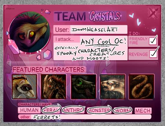 ArtFight 2025 team crystals card for "Doomweasel Art"

Featured characters are: a ferret, demon, skull dog, another ferret and a worm on a string